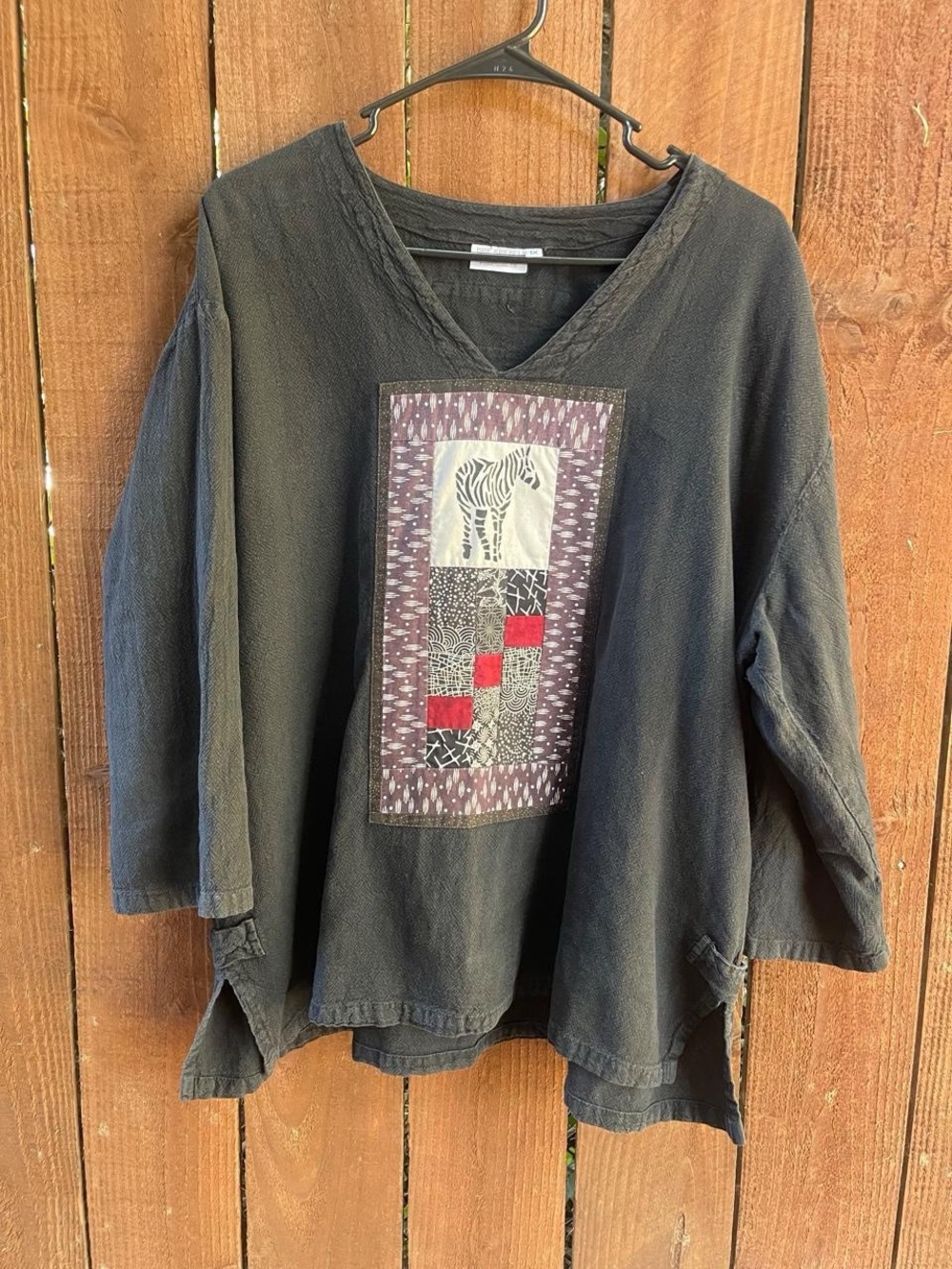 Brie Kriebel Art-to-Wear Patchwork Zebra Art Lagenlook V Neck tunic top 1X